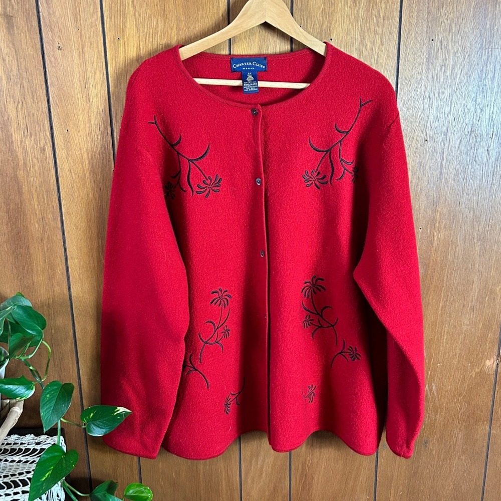 Vintage Charter Club Woman Red‎ 100% Wool Embroidered Floral Cardigan Sweater 2X